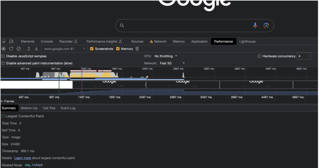 Google 在快速 3G 上的 LCP