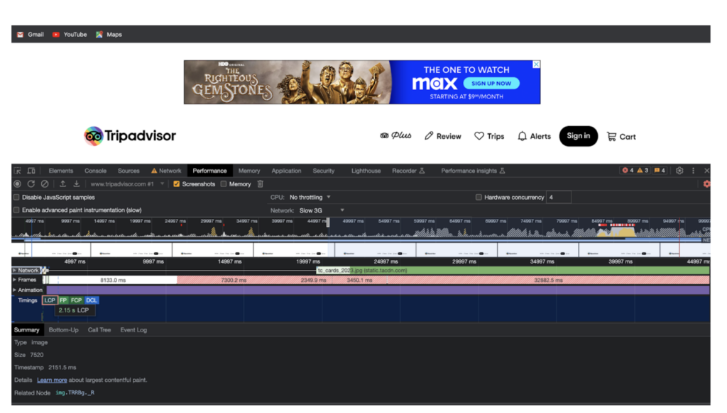 Tripadvisor 在慢速 3G 上的 LCP